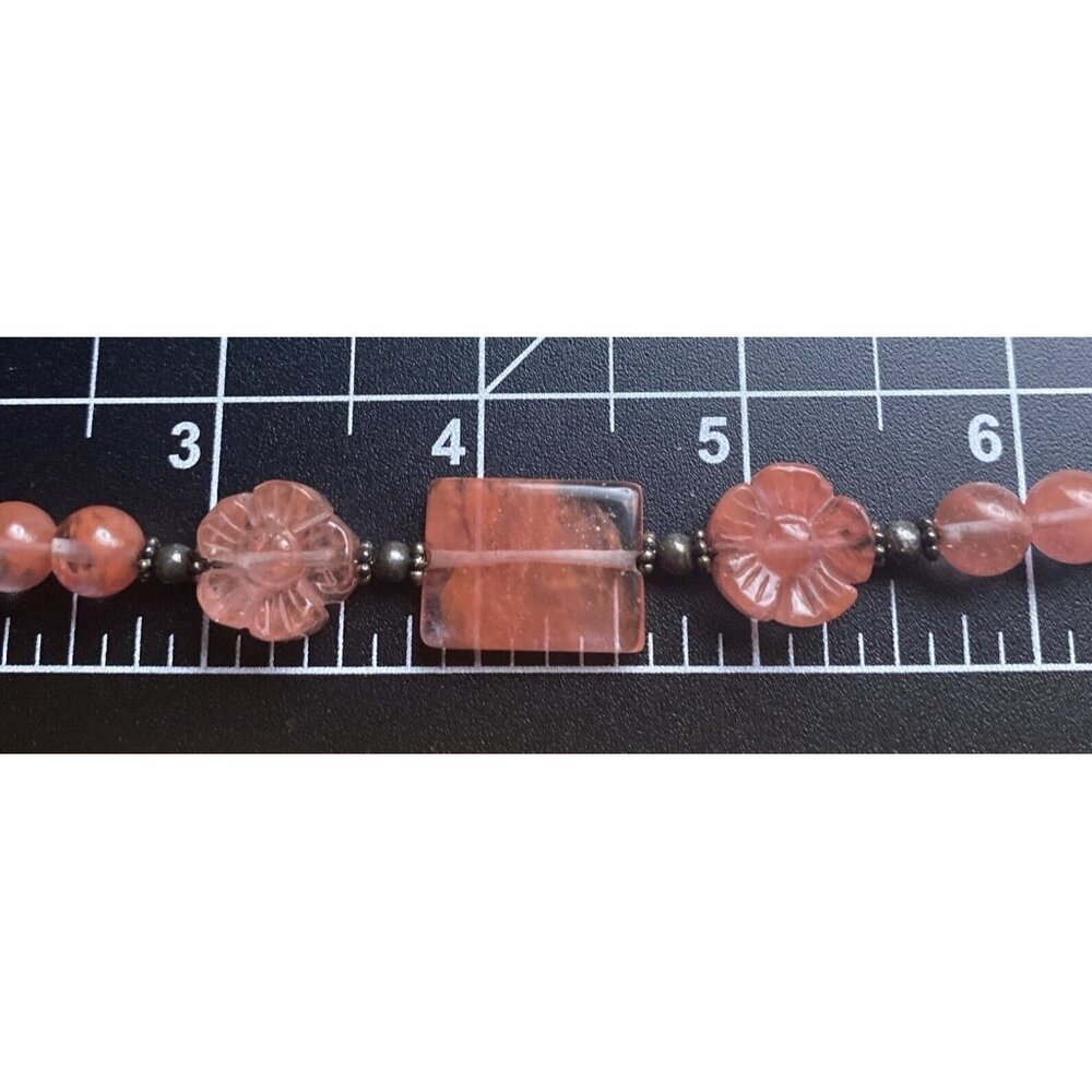 Strawberry Pink Quartz Bracelet Glass Flower Bead Sterling Silver Toggle 8" Boho - Picture 9 of 9